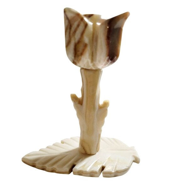 Vintage Beige and Brown Onyx Tulip Flower Candlestick Holder with Leaf Base - Picture 2 of 10
